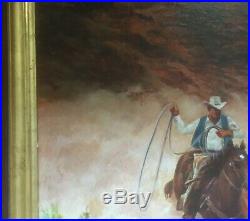 Vintage Mid Century Western Art Oil Painting Horses Cowboys Signed B Tiedemann