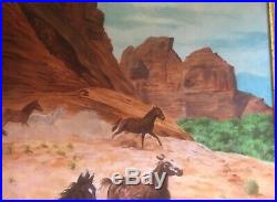 Vintage Mid Century Western Art Oil Painting Horses Cowboys Signed B Tiedemann