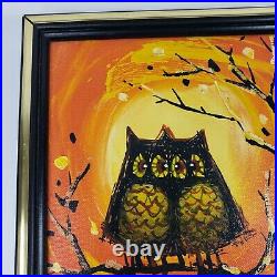 Vintage Midcentury Modern Owl Painting by Matson Oil on Canvas Spooky But Cute