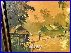 Vintage Minh Vietnamese Asian village Scene Oil On Canvas Painting
