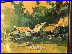 Vintage Minh Vietnamese Asian village Scene Oil On Canvas Painting