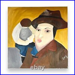 Vintage Modern Oil Painting Modernist Abstract Figure Hat Brooklyn 1990s