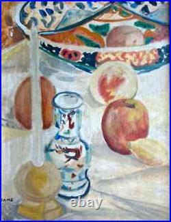 Vintage Modern Period Oil Painting Still Life with Imari Signed