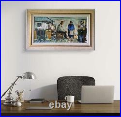 Vintage Modernist Oil Painting Intimate Kitchen Scene with Couple Signed