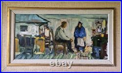 Vintage Modernist Oil Painting Intimate Kitchen Scene with Couple Signed