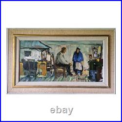 Vintage Modernist Oil Painting Intimate Kitchen Scene with Couple Signed