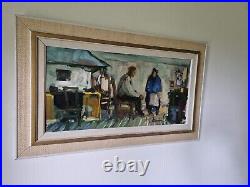 Vintage Modernist Oil Painting Intimate Kitchen Scene with Couple Signed