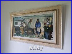 Vintage Modernist Oil Painting Intimate Kitchen Scene with Couple Signed