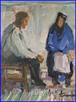 Vintage Modernist Oil Painting Intimate Kitchen Scene with Couple Signed