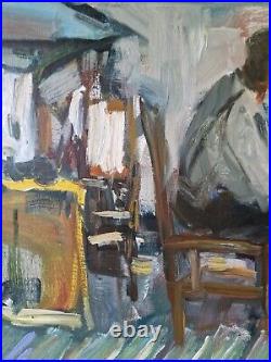 Vintage Modernist Oil Painting Intimate Kitchen Scene with Couple Signed