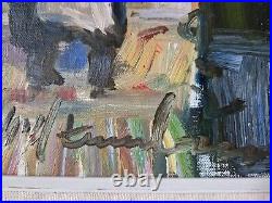 Vintage Modernist Oil Painting Intimate Kitchen Scene with Couple Signed