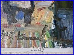 Vintage Modernist Oil Painting Intimate Kitchen Scene with Couple Signed