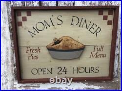 Vintage Moms Diner Pie Sign Folk Art Painted 3D Black Birds In Pie Artist Signed