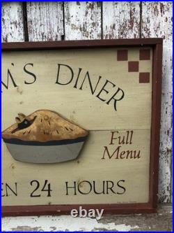 Vintage Moms Diner Pie Sign Folk Art Painted 3D Black Birds In Pie Artist Signed