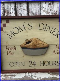 Vintage Moms Diner Pie Sign Folk Art Painted 3D Black Birds In Pie Artist Signed