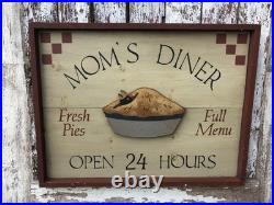 Vintage Moms Diner Pie Sign Folk Art Painted 3D Black Birds In Pie Artist Signed