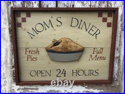 Vintage Moms Diner Pie Sign Folk Art Painted 3D Black Birds In Pie Artist Signed
