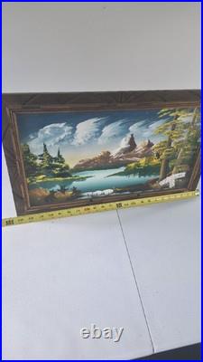 Vintage Mountain Landscape Oil Painting on Canvas, Bears by Lake, Signed R. Letan