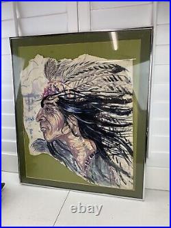 Vintage Native American Indian Chief Painting signed framed