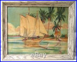 Vintage Nautical Maritime Oil Painting 1925 Seascape Tropical Boat Framed Signed