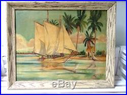 Vintage Nautical Maritime Oil Painting 1925 Seascape Tropical Boat Framed Signed