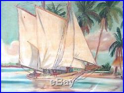 Vintage Nautical Maritime Oil Painting 1925 Seascape Tropical Boat Framed Signed