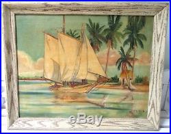 Vintage Nautical Maritime Oil Painting 1925 Seascape Tropical Boat Framed Signed