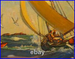 Vintage Nautical Ocean Seascape Oil Painting Sailboat Lighthouse W. Kenny 16x20