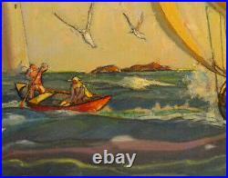 Vintage Nautical Ocean Seascape Oil Painting Sailboat Lighthouse W. Kenny 16x20