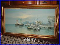 Vintage Nautical Oil Painting On Canvas-Signed Tio Como-Boats Water Docks Asian