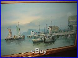 Vintage Nautical Oil Painting On Canvas-Signed Tio Como-Boats Water Docks Asian