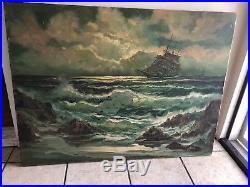 Vintage Nautical Oil Painting Tall Ships In Rough Waters Signed ANON