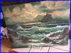 Vintage Nautical Oil Painting Tall Ships In Rough Waters Signed ANON