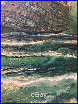 Vintage Nautical Oil Painting Tall Ships In Rough Waters Signed ANON