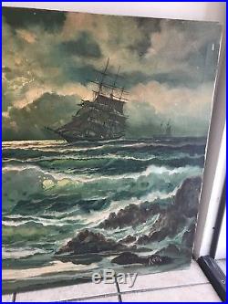 Vintage Nautical Oil Painting Tall Ships In Rough Waters Signed ANON
