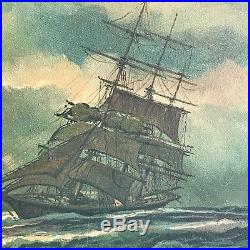 Vintage Nautical Oil Painting Tall Ships In Rough Waters Signed ANON