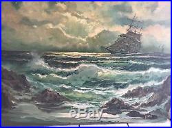 Vintage Nautical Oil Painting Tall Ships In Rough Waters Signed ANON