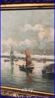 Vintage Nautical Seascape Oil Canvas Painting Signed Van Dael Dutch Mid 1900's