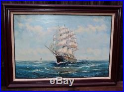 Vintage Nautical Seascape Tall Antique Sail Ship At Sea With Crew Signed Fulton