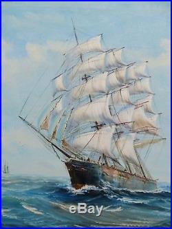 Vintage Nautical Seascape Tall Antique Sail Ship At Sea With Crew Signed Fulton
