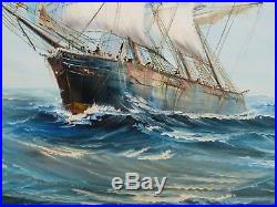 Vintage Nautical Seascape Tall Antique Sail Ship At Sea With Crew Signed Fulton