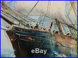 Vintage Nautical Seascape Tall Antique Sail Ship At Sea With Crew Signed Fulton