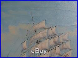 Vintage Nautical Seascape Tall Antique Sail Ship At Sea With Crew Signed Fulton