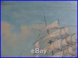 Vintage Nautical Seascape Tall Antique Sail Ship At Sea With Crew Signed Fulton