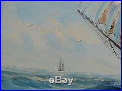 Vintage Nautical Seascape Tall Antique Sail Ship At Sea With Crew Signed Fulton