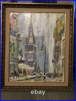 Vintage New York Oil Painting Trinity Church Wallstreet Cityscape