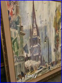Vintage New York Oil Painting Trinity Church Wallstreet Cityscape