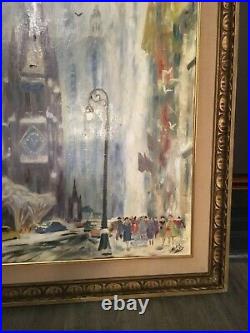 Vintage New York Oil Painting Trinity Church Wallstreet Cityscape