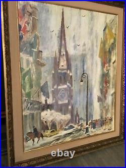 Vintage New York Oil Painting Trinity Church Wallstreet Cityscape