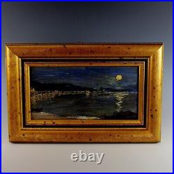 Vintage Nocturnal Oil Painting of the Bay of Nice, Signed and dated